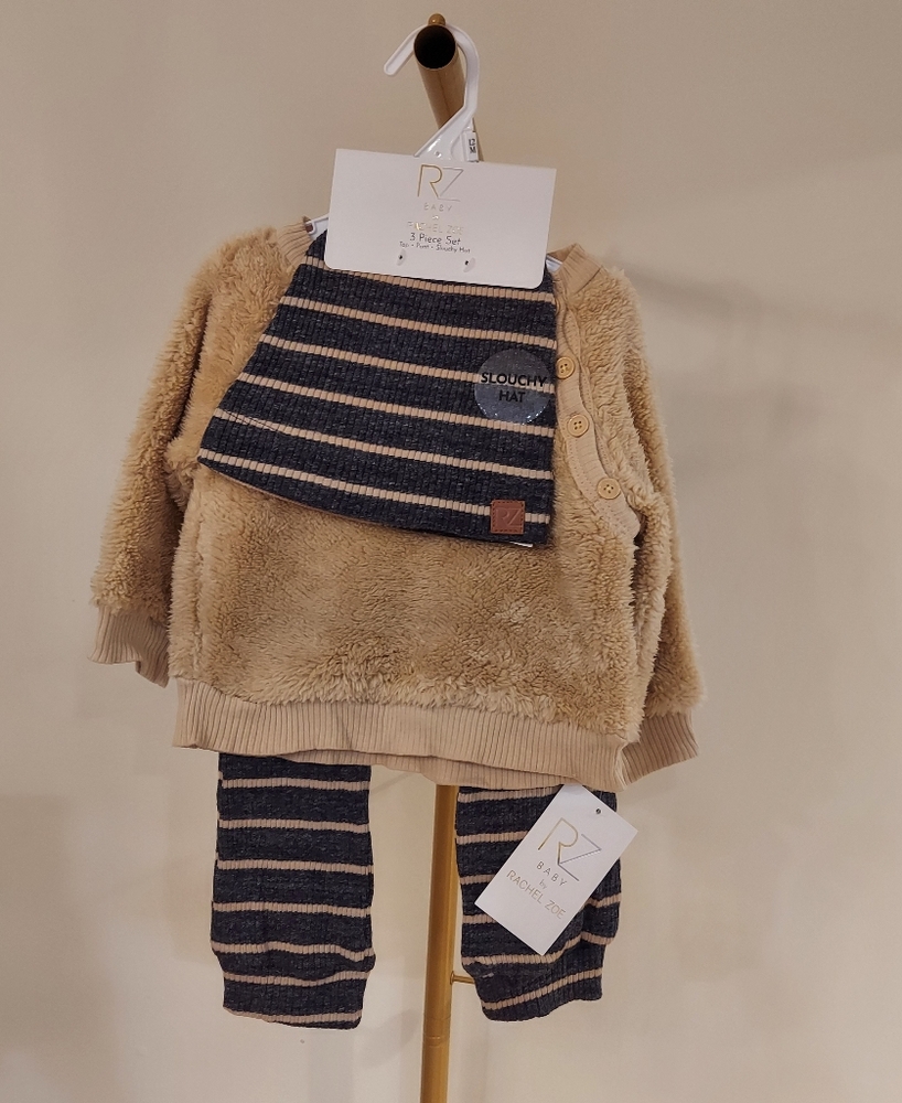 NWT RZ Baby Rachel Zoe 3 Piece Set Slouchy Hat Top Pants Fleec (Size: 3-6M, 12M)